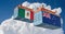Freight containers with New Zealand and Mexico national flags.