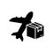 Freight Plane Deliver Parcel Box Silhouette Icon. International Air Fast Delivery Service Glyph Pictogram. Cargo