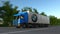 Freight semi truck with BMW logo driving along forest road, seamless loop. Editorial 4K clip