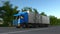 Freight semi truck with General Electric logo driving along forest road, seamless loop. Editorial 4K clip