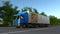 Freight semi truck with The Home Depot logo driving along forest road, seamless loop. Editorial 4K clip