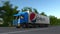 Freight semi truck with Pepsi logo driving along forest road, seamless loop. Editorial 4K clip