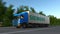 Freight semi truck with Siemens logo driving along forest road. Editorial 3D rendering