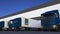 Freight semi trucks with Aldi logo loading or unloading at warehouse dock, seamless loop. Editorial animation