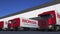 Freight semi trucks with Honda logo loading or unloading at warehouse dock. Editorial 3D rendering