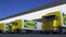 Freight semi trucks with Ikea logo loading or unloading at warehouse dock. Editorial 3D rendering