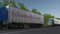 Freight semi trucks with Johnson and Johnson logo driving along forest road. Editorial 3D rendering