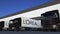 Freight semi trucks with L`Oreal logo loading or unloading at warehouse dock, seamless loop. Editorial animation