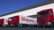 Freight semi trucks with Walgreens logo loading or unloading at warehouse dock, seamless loop. Editorial animation