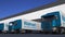 Freight semi trucks with Walmart logo loading or unloading at warehouse dock. Editorial 3D rendering