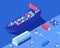 Freight ship unloading isometric vector illustration. Shipment distribution transport, forklifts and truck with cargo at