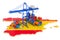 Freight Shipping in Spain concept. Harbor cranes with cargo containers on the Spanish map. 3D rendering