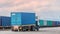 Freight trailer with cargo container and freight train with cargo containers background, import export business logistic.