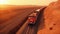 A freight train crossing a barren desert, a solitary figure against the vast expanse of sand