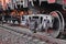 Freight train, iron wheels train close-up, color photograph