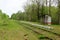 Freight train with locomotive on the abandoned railway tracks in the forest with small railway platform