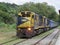 Freight train locomotive, in small quiet and deserted station