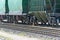 Freight train standing on rails. couple of railway wagons stays on the rails