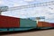 Freight train, transportation of railway cars by cargo containers  shipping.