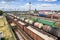 Freight trains at a railway station, view from above in summer d