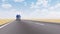 Freight truck driving on empty desert road 3D