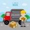 Freighter Service Delivery Carton Box Truck Car Boy Cartoon Character Vector