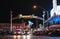 Fremont east district sign with street lights and traffic at night in Las Vegas