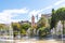 French adults and children play in the water fountain spray at the Paillon Promenade in the city of Nice, France