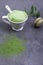 French almond cake macarons, green leaf, matcha tea