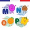 French alphabet. Monster, hazelnuts, orange, pepper. Vector letters and characters.