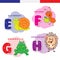French alphabet. Snail, ant, frog, hedgehog. Vector letters and characters
