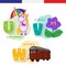 French alphabet. Unicorn, violet, rail car. Vector letters and characters