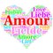 French: Amour. Heart shaped word cloud Love, on white