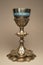 French antique Eucharist Mass Chalice Silver Gold plated with filigree and hand painted medallion of Crucifixion Latin text