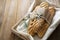 French baguettes on wooden table, rustic style. Pastry, breakfast, bread for sandwich , copy space