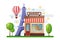 French bakery with macarons, croissant on shop-window. Paris cityscape with Eiffel tower and cafe. Vector illustration.