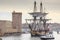 French battle ship, l`Hermione. In the old harbor of Marseille, France