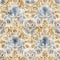 French blu shabby chic damask texture background. Antique old white yellow blue seamless pattern. Hand drawn floral