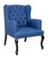 French blue wingback armchair with dark brown wooden legs isolated on white