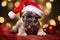 French Bull Dog wearing a Christmas Hat with many  lights on the background. Generative AI