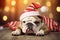 French Bull Dog wearing a Christmas Hat with many  lights on the background. Generative AI
