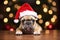 French Bull Dog wearing a Christmas Hat with many  lights on the background. Generative AI