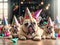 French Bulldog Birthday Party With Party Hats. Generative AI