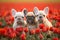 French Bulldog dog puppies in flower field