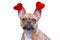 French Bulldog dog wearing funny Valentine headband with red hearts on white background