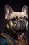 French Bulldog dog wearing military army uniform, service dog, creative headshot portrait. Generative AI