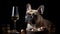 French Bulldog drinking champagne on New Year\\\'s Eve party. Generative AI