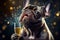 French bulldog drinking champagne at New Year& x27;s party. AI generated