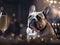 French Bulldog drinking champagne on New Years Eve party. Generative AI
