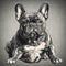 French Bulldog, engraving style, close-up portrait, black and white drawing, cute companion dog,